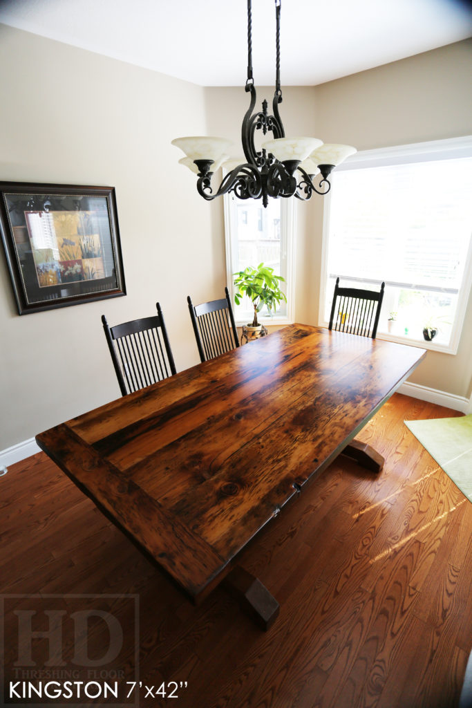 rustic furniture kingston, reclaimed hemlock table, epoxy finish, reclaimed wood table kingston, rustic wood furniture ontario, mennonite furniture kingston, hemlock, farmhouse table ontario, trestle table ontario, unique table ontario, gerald reinink