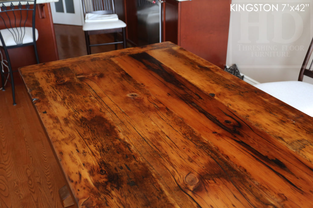 rustic furniture kingston, reclaimed hemlock table, epoxy finish, reclaimed wood table kingston, rustic wood furniture ontario, mennonite furniture kingston, hemlock, farmhouse table ontario, trestle table ontario, unique table ontario, gerald reinink