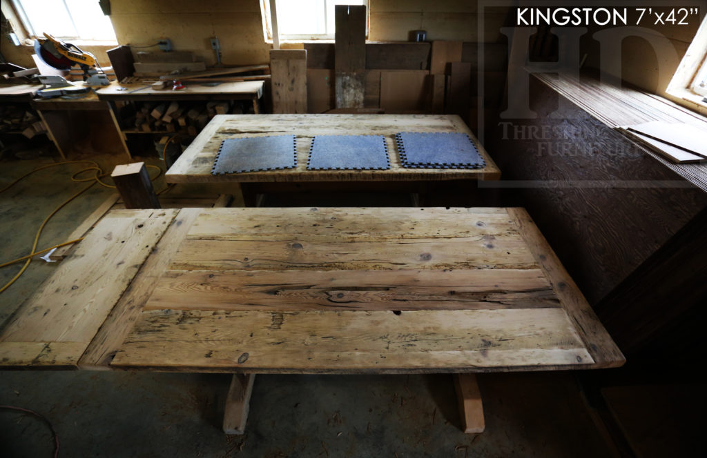 rustic furniture kingston, reclaimed hemlock table, epoxy finish, reclaimed wood table kingston, rustic wood furniture ontario, mennonite furniture kingston, hemlock, farmhouse table ontario, trestle table ontario, unique table ontario, gerald reinink