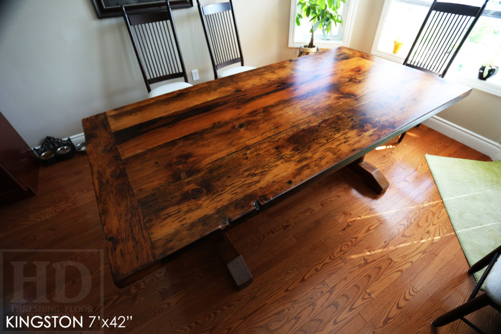 rustic furniture kingston, reclaimed hemlock table, epoxy finish, reclaimed wood table kingston, rustic wood furniture ontario, mennonite furniture kingston, hemlock, farmhouse table ontario, trestle table ontario, unique table ontario, gerald reinink