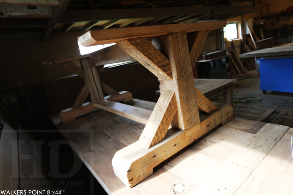 reclaimed wood sawbuck table, rustic furniture Gravenhurst, rustic furniture, reclaimed wood dining table, epoxy finish, HD Threshing, cottage table Ontario, cottage furniture Ontario