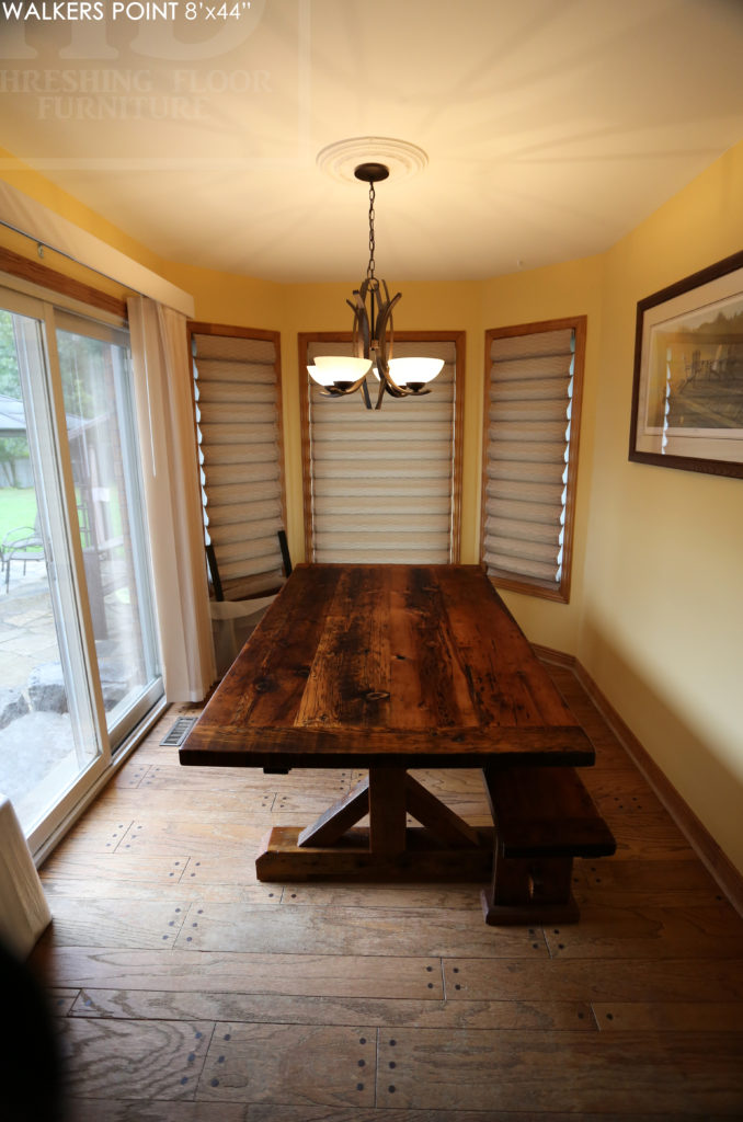 reclaimed wood sawbuck table, rustic furniture Gravenhurst, rustic furniture, reclaimed wood dining table, epoxy finish, HD Threshing, cottage table Ontario, cottage furniture Ontario