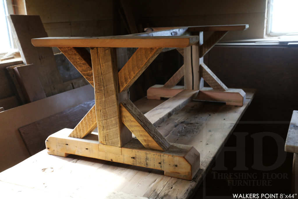 reclaimed wood sawbuck table, rustic furniture Gravenhurst, rustic furniture, reclaimed wood dining table, epoxy finish, HD Threshing, cottage table Ontario, cottage furniture Ontario