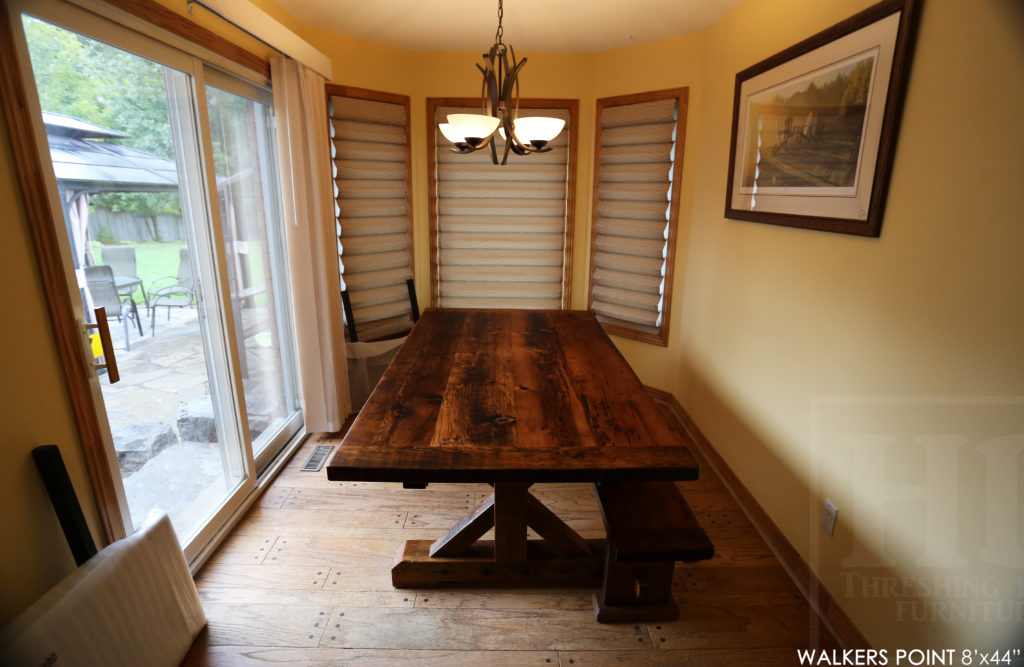 reclaimed wood sawbuck table, rustic furniture Gravenhurst, rustic furniture, reclaimed wood dining table, epoxy finish, HD Threshing, cottage table Ontario, cottage furniture Ontario