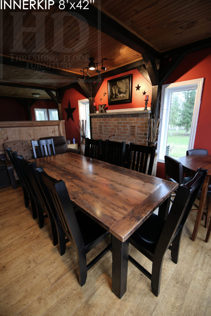 custom harvest table, reclaimed wood harvest table, rustic furniture ontario, farmhouse tables ontario, mennonite furniture, reclaimed wood dining table, grey, gray, wormy maple chairs, mennonite chairs ontario, solid wood chairs, epoxy, modern farmhouse, rustic furniture Innerkip, epoxy, threshing table