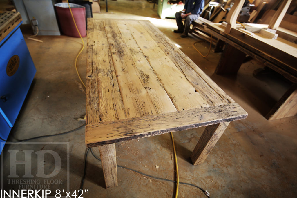 custom harvest table, reclaimed wood harvest table, rustic furniture ontario, farmhouse tables ontario, mennonite furniture, reclaimed wood dining table, grey, gray, wormy maple chairs, mennonite chairs ontario, solid wood chairs, epoxy, modern farmhouse, rustic furniture Innerkip, epoxy, threshing table
