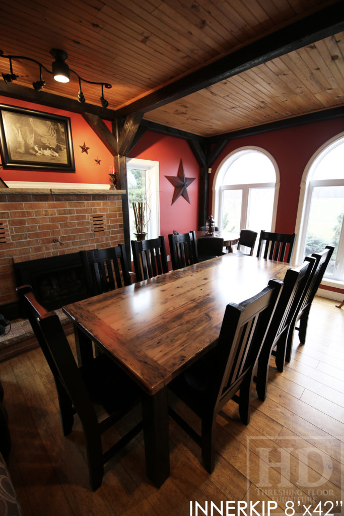 custom harvest table, reclaimed wood harvest table, rustic furniture ontario, farmhouse tables ontario, mennonite furniture, reclaimed wood dining table, grey, gray, wormy maple chairs, mennonite chairs ontario, solid wood chairs, epoxy, modern farmhouse, rustic furniture Innerkip, epoxy, threshing table