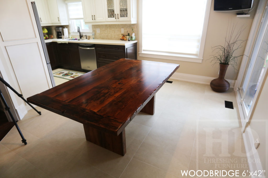 reclaimed wood table Woodbridge, Ontario, modern reclaimed wood table, hemlock barnwood table, plank base table, distressed wood table, epoxy, resin, polyurethane, rustic, country style, farmhouse table, harvest style table, solid wood furniture, mennonite furniture