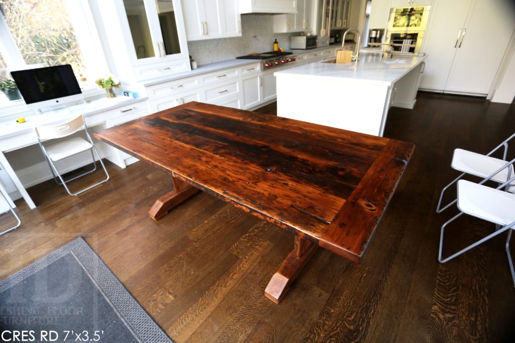 reclaimed wood trestle table, reclaimed wood tables Ontario, custom reclaimed wood table, rustic wood table, rustic furniture, epoxy finish, distressed wood furniture, cottage style, modern farmhouse, Gerald Reinink