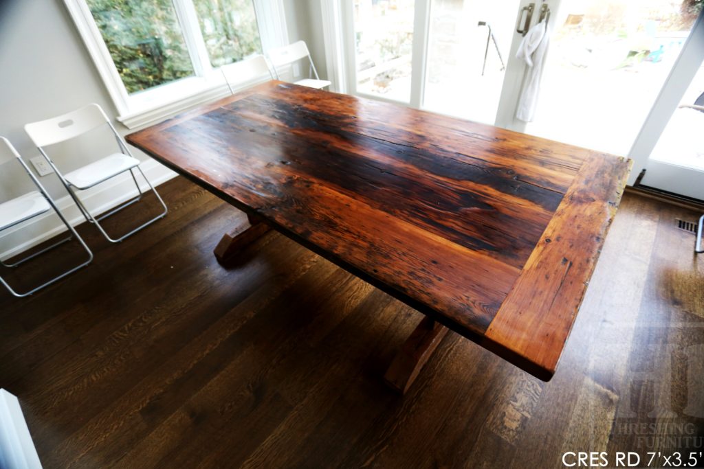 reclaimed wood trestle table, reclaimed wood tables Ontario, custom reclaimed wood table, rustic wood table, rustic furniture, epoxy finish, distressed wood furniture, cottage style, modern farmhouse, Gerald Reinink