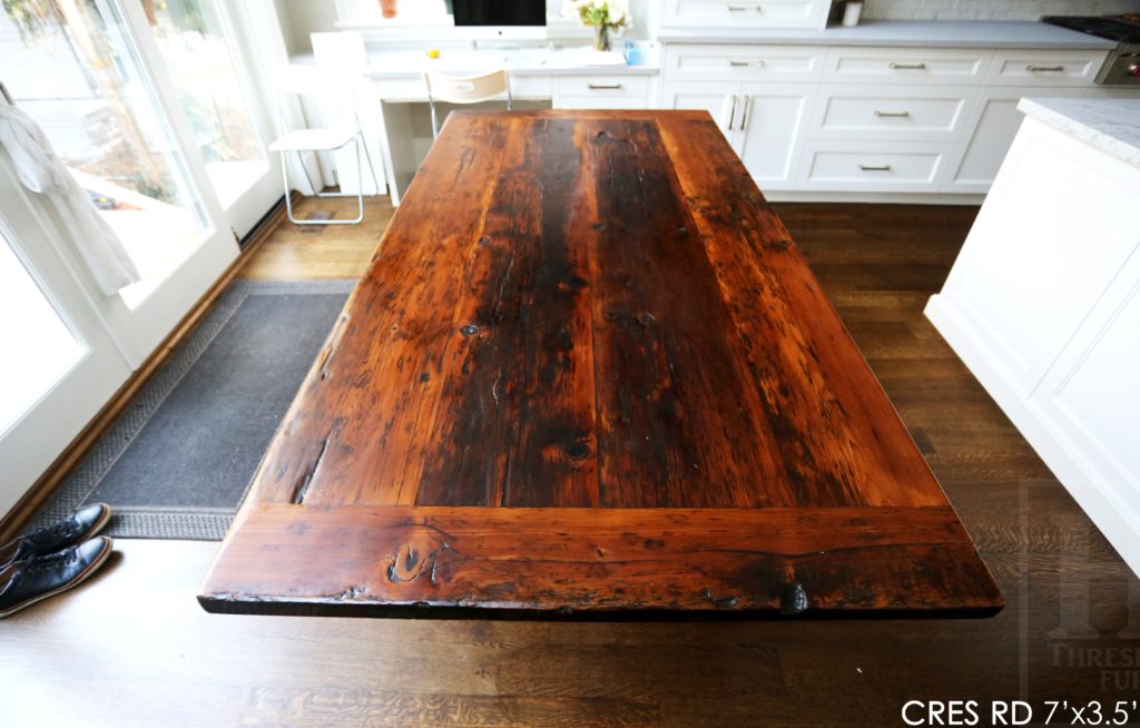 reclaimed wood trestle table, reclaimed wood tables Ontario, custom reclaimed wood table, rustic wood table, rustic furniture, epoxy finish, distressed wood furniture, cottage style, modern farmhouse, Gerald Reinink
