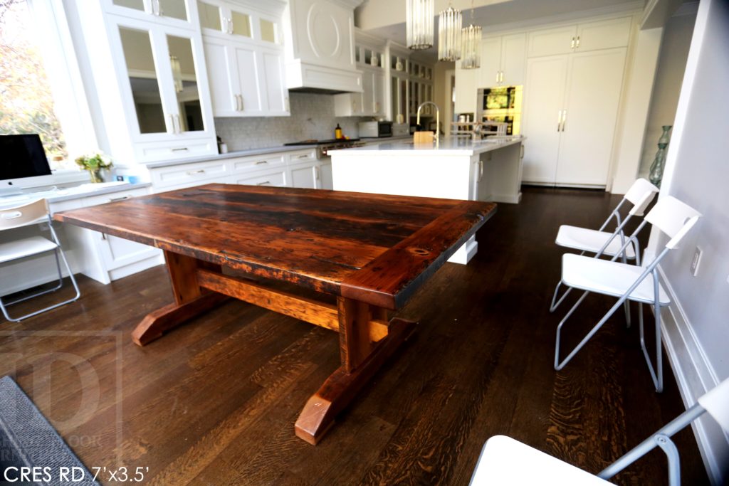 reclaimed wood trestle table, reclaimed wood tables Ontario, custom reclaimed wood table, rustic wood table, rustic furniture, epoxy finish, distressed wood furniture, cottage style, modern farmhouse, Gerald Reinink