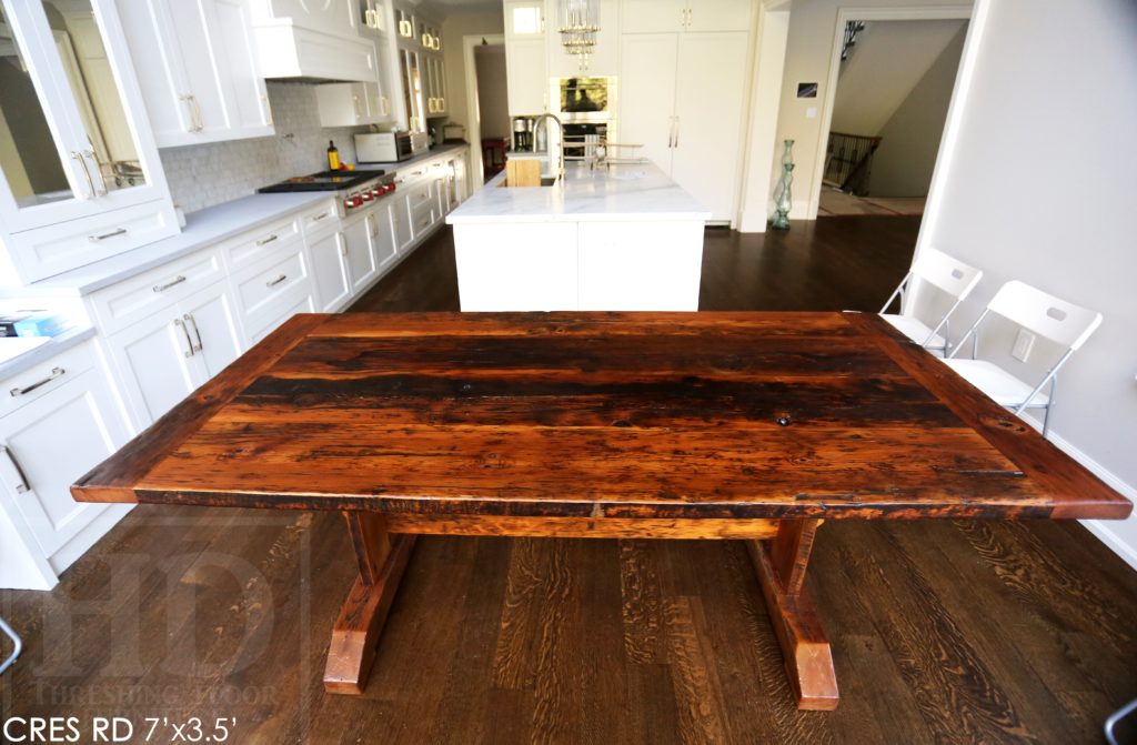 reclaimed wood trestle table, reclaimed wood tables Ontario, custom reclaimed wood table, rustic wood table, rustic furniture, epoxy finish, distressed wood furniture, cottage style, modern farmhouse, Gerald Reinink