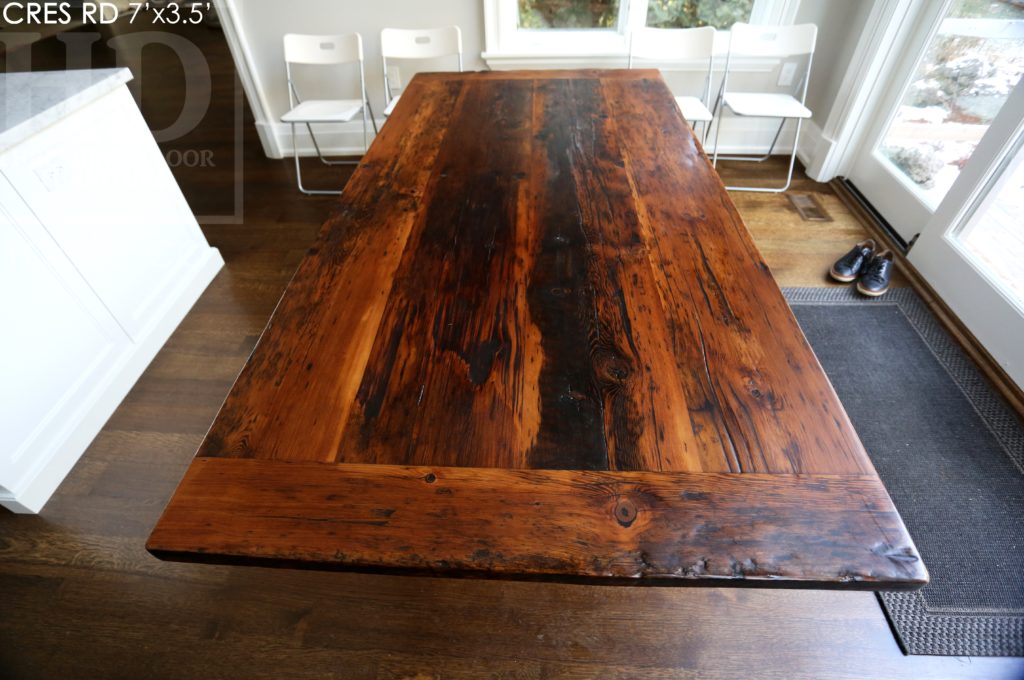 reclaimed wood trestle table, reclaimed wood tables Ontario, custom reclaimed wood table, rustic wood table, rustic furniture, epoxy finish, distressed wood furniture, cottage style, modern farmhouse, Gerald Reinink