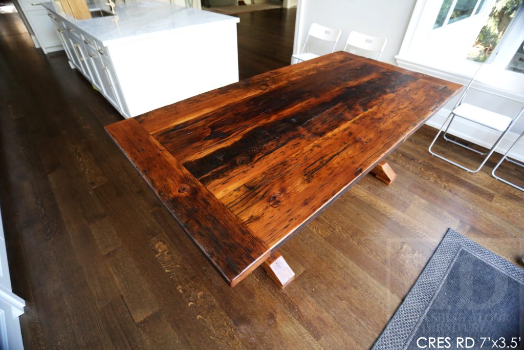 reclaimed wood trestle table, reclaimed wood tables Ontario, custom reclaimed wood table, rustic wood table, rustic furniture, epoxy finish, distressed wood furniture, cottage style, modern farmhouse, Gerald Reinink