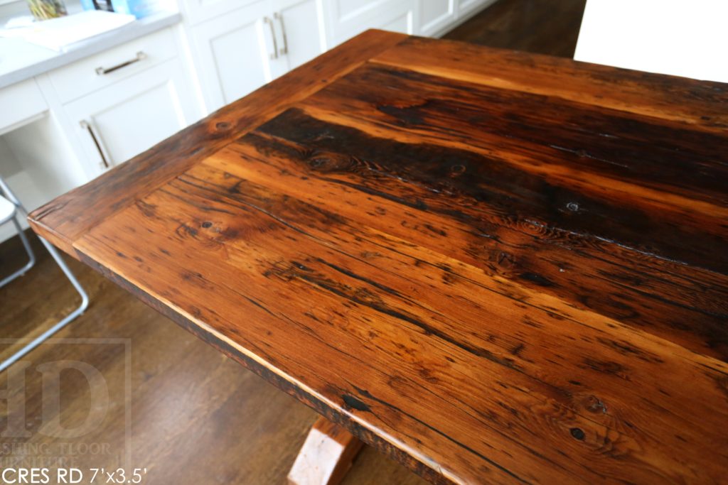 reclaimed wood trestle table, reclaimed wood tables Ontario, custom reclaimed wood table, rustic wood table, rustic furniture, epoxy finish, distressed wood furniture, cottage style, modern farmhouse, Gerald Reinink