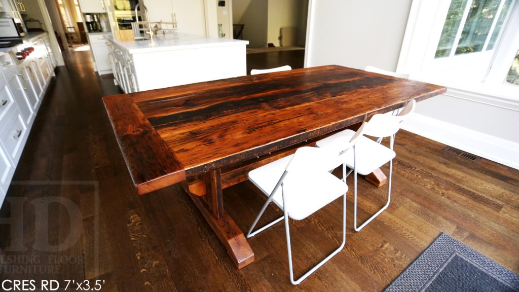 reclaimed wood trestle table, reclaimed wood tables Ontario, custom reclaimed wood table, rustic wood table, rustic furniture, epoxy finish, distressed wood furniture, cottage style, modern farmhouse, Gerald Reinink