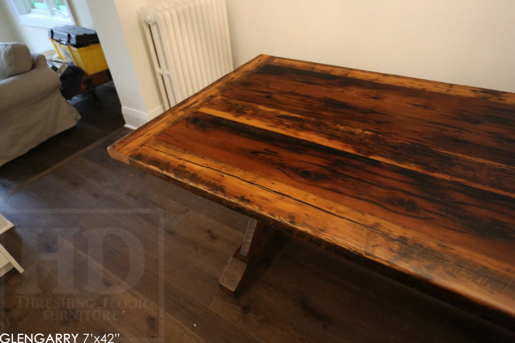 sawbuck table, Toronto reclaimed wood table, hemlock barnboard table, rustic furniture, solid wood table, rustic tables Ontario, farmhouse style, cottage style, threshing floor table, HD Threshing Floor Furniture, Gerald Reinink, reclaimed wood furniture Toronto