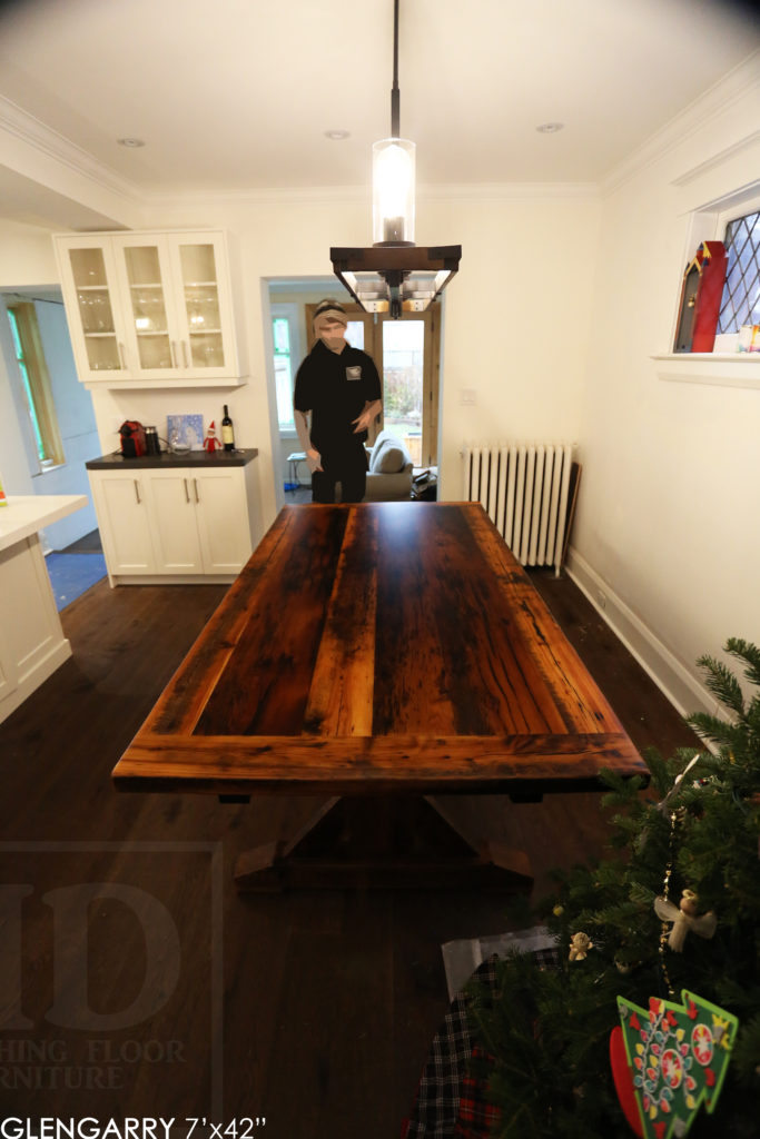 sawbuck table, Toronto reclaimed wood table, hemlock barnboard table, rustic furniture, solid wood table, rustic tables Ontario, farmhouse style, cottage style, threshing floor table, HD Threshing Floor Furniture, Gerald Reinink, reclaimed wood furniture Toronto