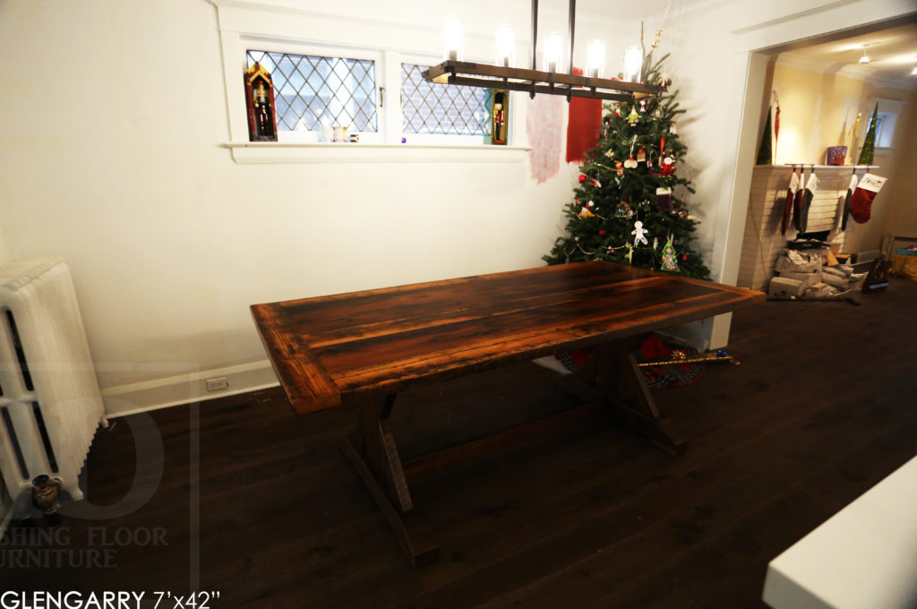 sawbuck table, Toronto reclaimed wood table, hemlock barnboard table, rustic furniture, solid wood table, rustic tables Ontario, farmhouse style, cottage style, threshing floor table, HD Threshing Floor Furniture, Gerald Reinink, reclaimed wood furniture Toronto