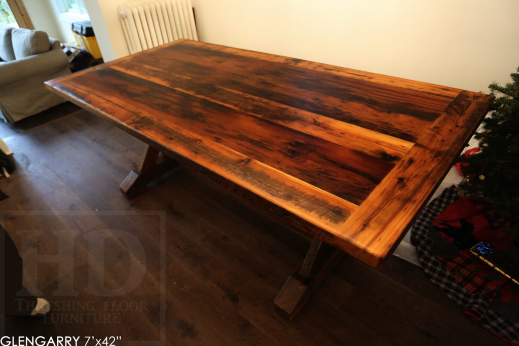 sawbuck table, Toronto reclaimed wood table, hemlock barnboard table, rustic furniture, solid wood table, rustic tables Ontario, farmhouse style, cottage style, threshing floor table, HD Threshing Floor Furniture, Gerald Reinink, reclaimed wood furniture Toronto