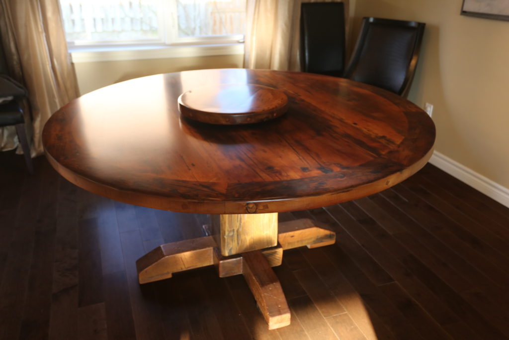 reclaimed wood round table, reclaimed wood furniture Burlington, rustic furniture Burlington, epoxy, hd threshing, reclaimed wood lazy susan, reclaimed wood, pedestal table, hd threshing, gerald reinink