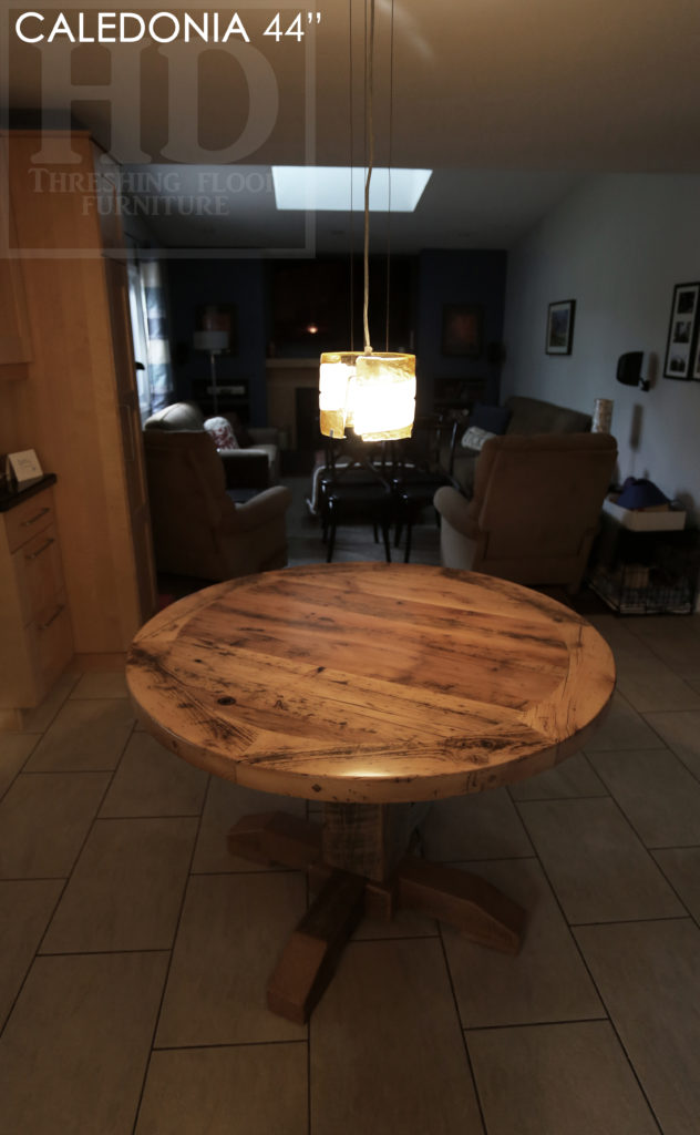 Ontario reclaimed wood table, round table, rustic round table, epoxy finish, greytone, grey, gray, hemlock threshing floor, reclaimed wood tables Ontario, Caledonia, Gerald Reinink, Caledonia furniture, mennonite furniture, solid wood furniture