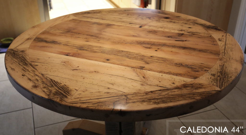 Ontario reclaimed wood table, round table, rustic round table, epoxy finish, greytone, grey, gray, hemlock threshing floor, reclaimed wood tables Ontario, Caledonia, Gerald Reinink, Caledonia furniture, mennonite furniture, solid wood furniture