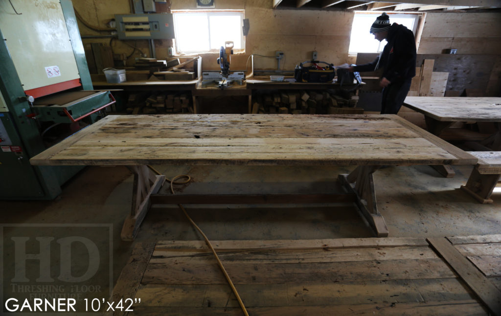 reclaimed wood furniture Ancaster, reclaimed wood tables Ontario, epoxy, rustic sawbuck table, Ontario history, pioneer wood, pioneer history, antique wood, grey, unfinished reclaimed wood table