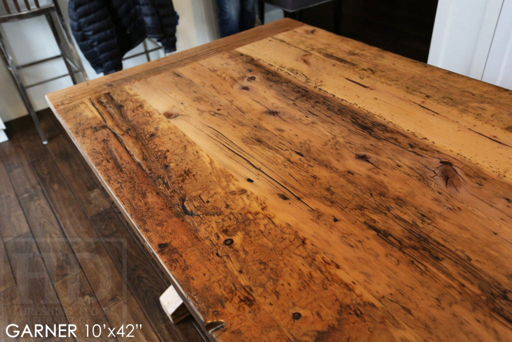 reclaimed wood furniture Ancaster, reclaimed wood tables Ontario, epoxy, rustic sawbuck table, Ontario history, pioneer wood, pioneer history, antique wood, grey, unfinished reclaimed wood table