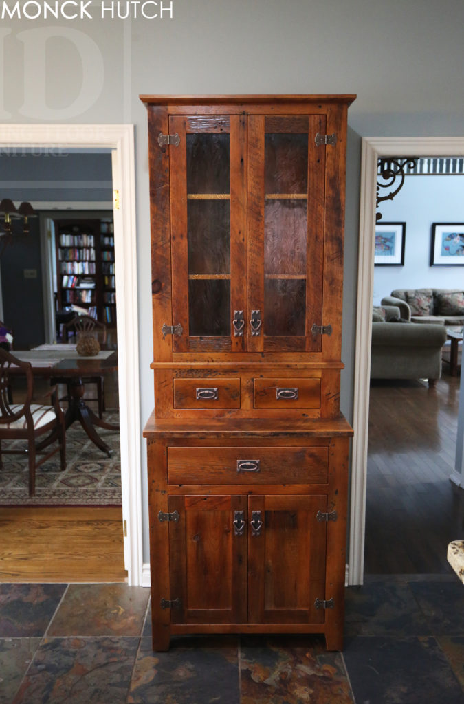 reclaimed wood hutch, barnwood hutch, distressed wood hutch, hd threshing, reclaimed wood buffet, reclaimed wood cabinet, lee valley hardware, cast brass hardware, cambridge ontario