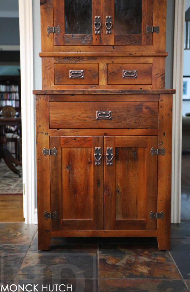 reclaimed wood hutch, barnwood hutch, distressed wood hutch, hd threshing, reclaimed wood buffet, reclaimed wood cabinet, lee valley hardware, cast brass hardware, cambridge ontario