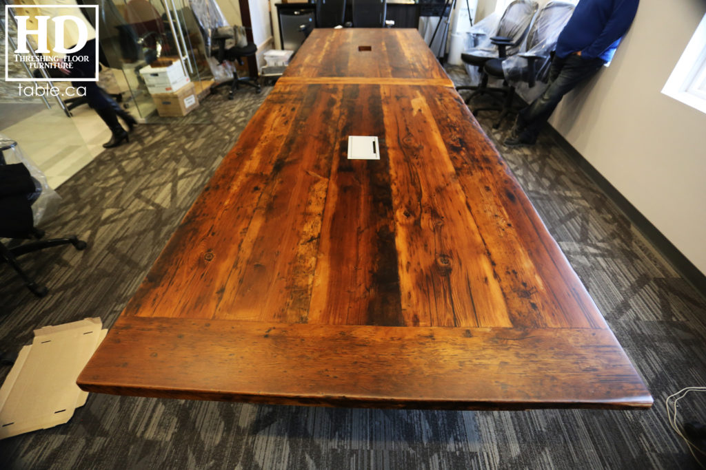 unique boardroom table, reclaimed wood boardroom table, gerald reinink, hd threshing floor furniture, epoxy, ontario