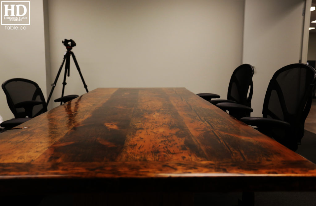 unique boardroom table, reclaimed wood boardroom table, gerald reinink, hd threshing floor furniture, epoxy, Ontario