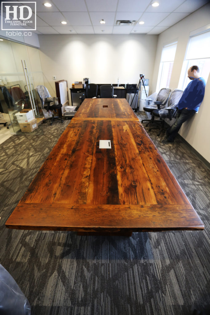 unique boardroom table, reclaimed wood boardroom table, gerald reinink, hd threshing floor furniture, epoxy, ontario