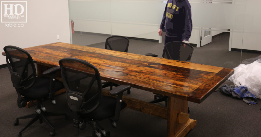 unique boardroom table, reclaimed wood boardroom table, gerald reinink, hd threshing floor furniture, epoxy, ontario