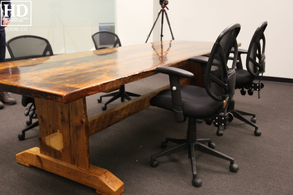 unique boardroom table, reclaimed wood boardroom table, gerald reinink, hd threshing floor furniture, epoxy, ontario