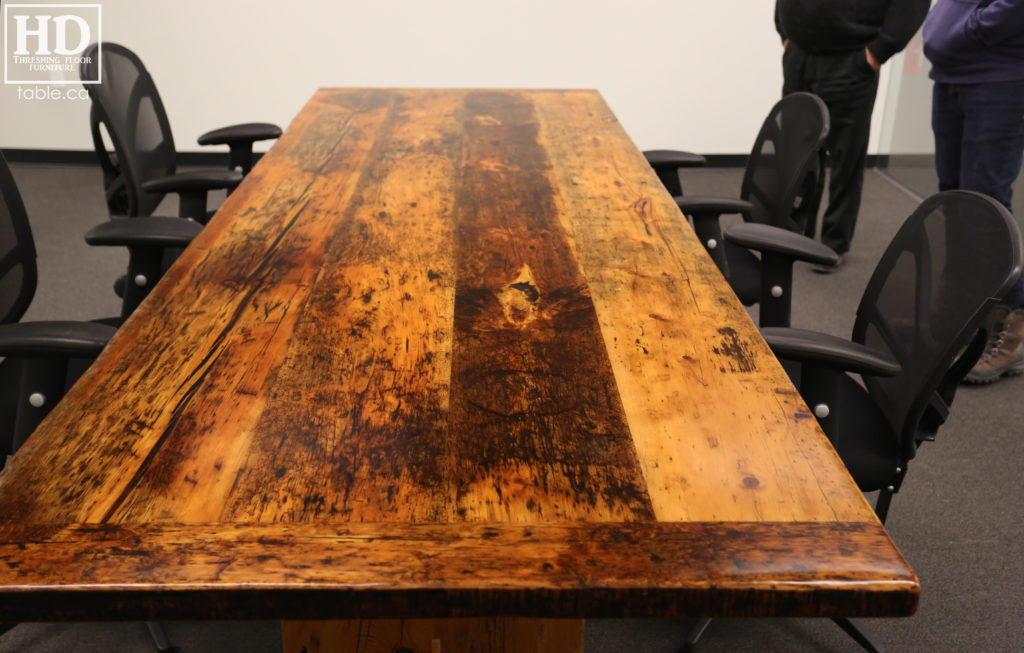 unique boardroom table, reclaimed wood boardroom table, gerald reinink, hd threshing floor furniture, epoxy, ontario