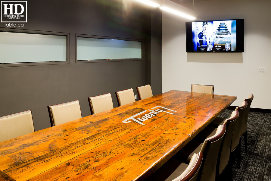 unique boardroom table, reclaimed wood boardroom table, gerald reinink, hd threshing floor furniture, epoxy, ontario