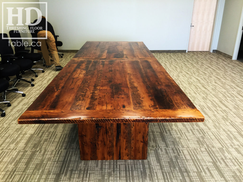 unique boardroom table, reclaimed wood boardroom table, gerald reinink, hd threshing floor furniture, epoxy, ontario