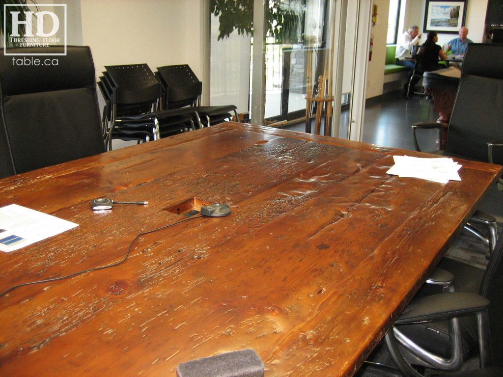 unique boardroom table, reclaimed wood boardroom table, gerald reinink, hd threshing floor furniture, epoxy, Ontario