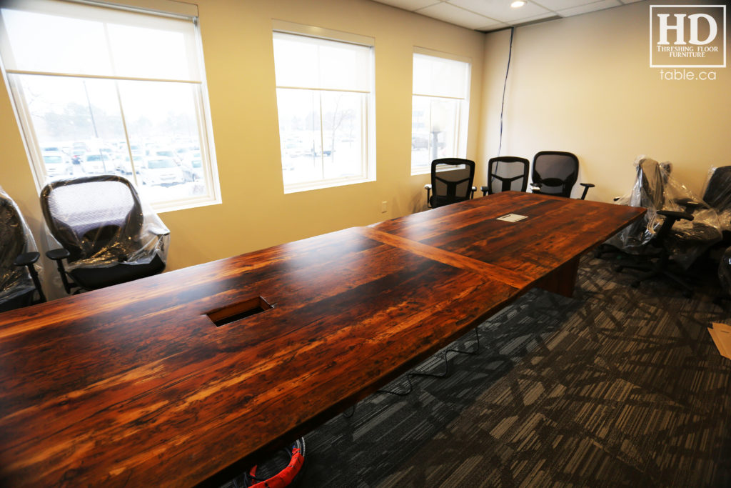 unique boardroom table, reclaimed wood boardroom table, gerald reinink, hd threshing floor furniture, epoxy, ontario