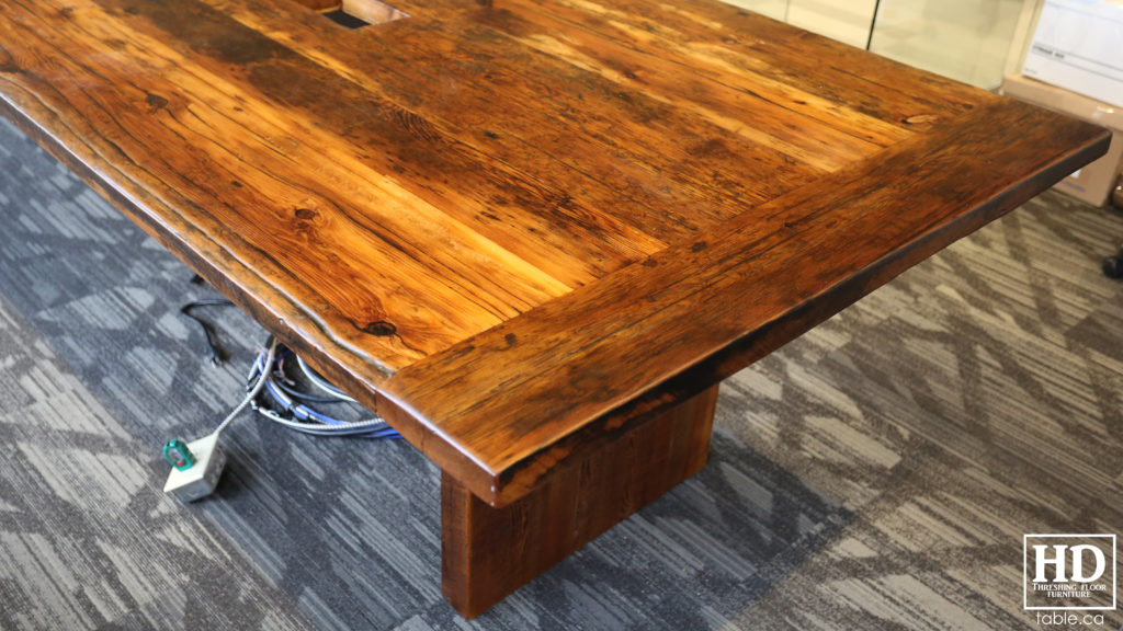 unique boardroom table, reclaimed wood boardroom table, gerald reinink, hd threshing floor furniture, epoxy, ontario