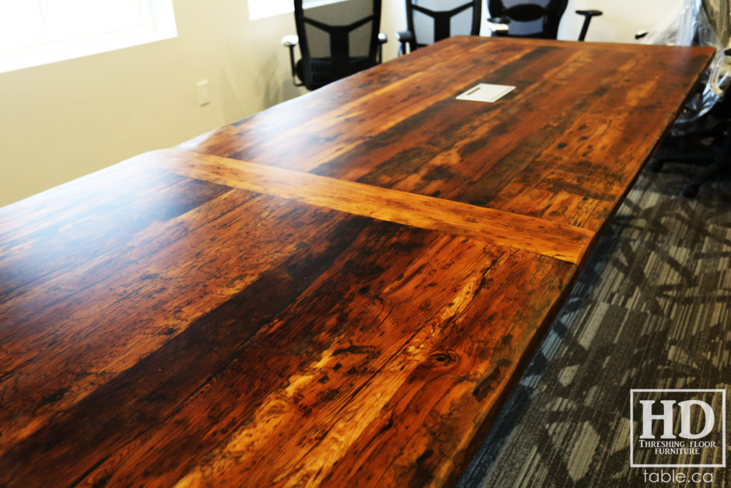 unique boardroom table, reclaimed wood boardroom table, gerald reinink, hd threshing floor furniture, epoxy, ontario