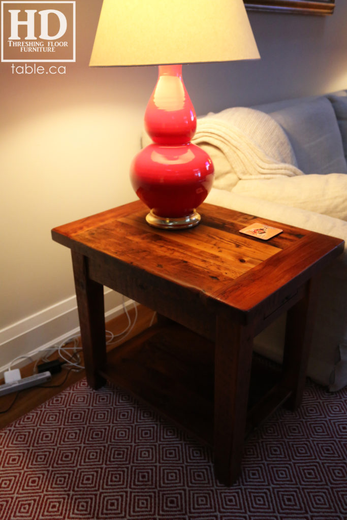 reclaimed wood end table, custom end table, side table, bedside table, Ontario, HD Threshing, HD Threshing Floor Furniture, rustic end table, rustic bedside table, custom bedside table