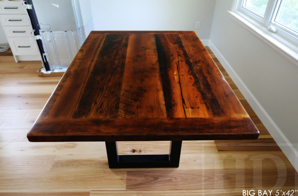 reclaimed wood table, metal base table, reclaimed wood furniture Barrie, Ontario, furniture Barrie, Gerald Reinink, metal base reclaimed wood table