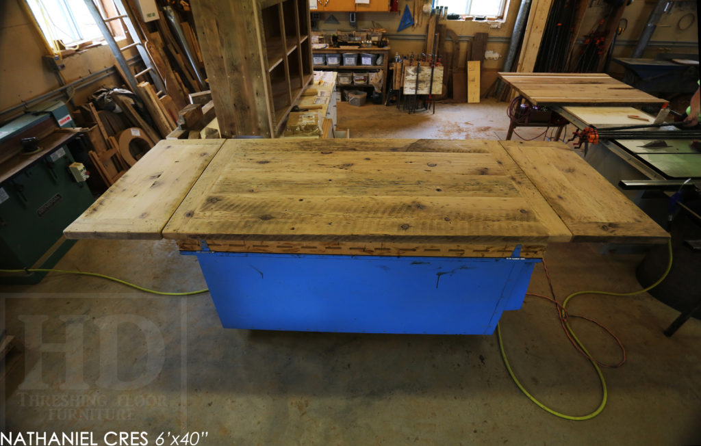 reclaimed wood table, Burlington, Ontario, metal base reclaimed wood table, hemlock, rustic table, cottage table, modern farmhouse table, modern reclaimed wood table, epoxy finish, mennonite furniture, threshing table, threshing floor