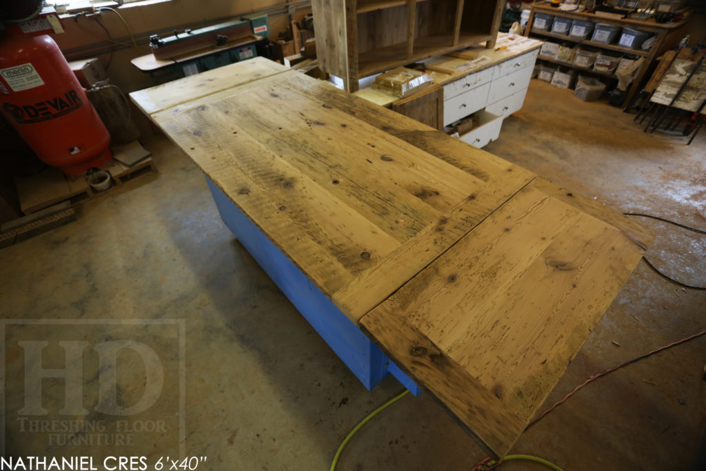 reclaimed wood table, Burlington, Ontario, metal base reclaimed wood table, hemlock, rustic table, cottage table, modern farmhouse table, modern reclaimed wood table, epoxy finish, mennonite furniture, threshing table, threshing floor