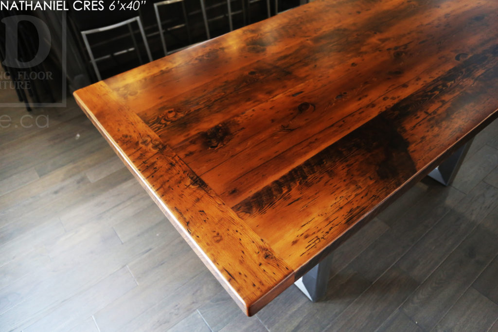 reclaimed wood table, Burlington, Ontario, metal base reclaimed wood table, hemlock, rustic table, cottage table, modern farmhouse table, modern reclaimed wood table, epoxy finish, mennonite furniture, threshing table, threshing floor