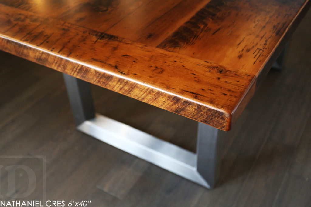 reclaimed wood table, Burlington, Ontario, metal base reclaimed wood table, hemlock, rustic table, cottage table, modern farmhouse table, modern reclaimed wood table, epoxy finish, mennonite furniture, threshing table, threshing floor